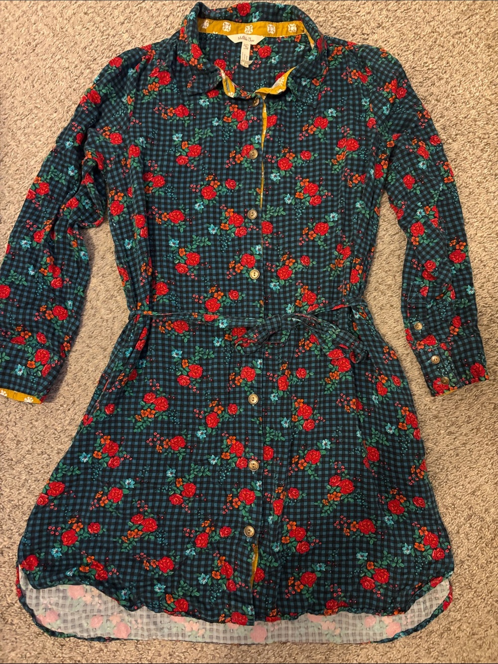 Matilda Jane Women’s Green Plaid Dress with Red Floral Print and Tie Waist
